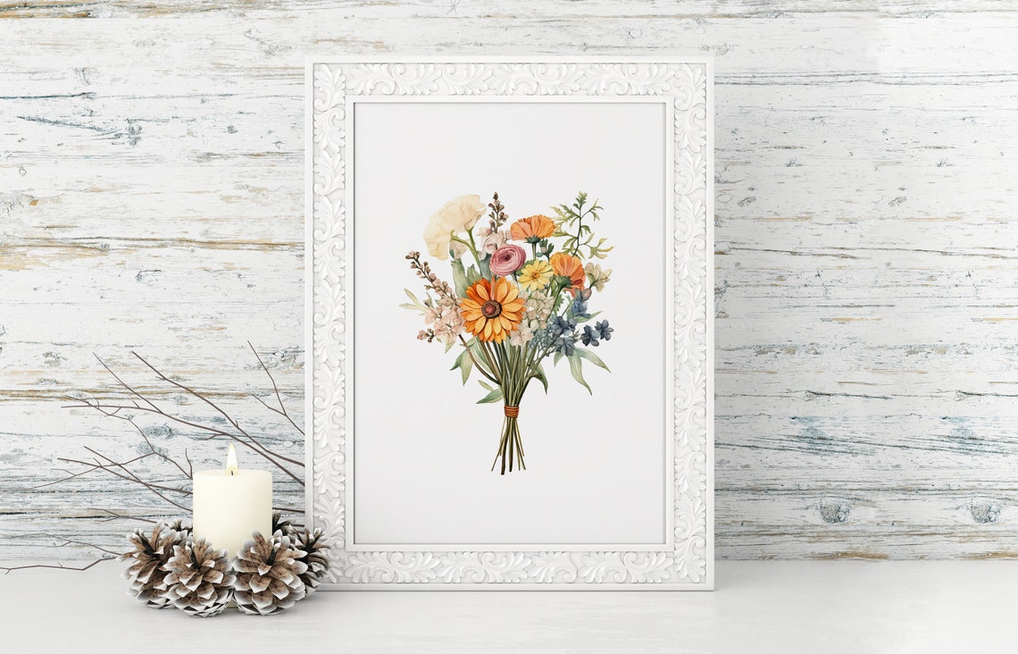 Floral Bouquet Art Print Vintage Floral Bouquet Peach Flowers Blue Flowers Mauve And Cream Flowers Mothers Day Art - Image 3