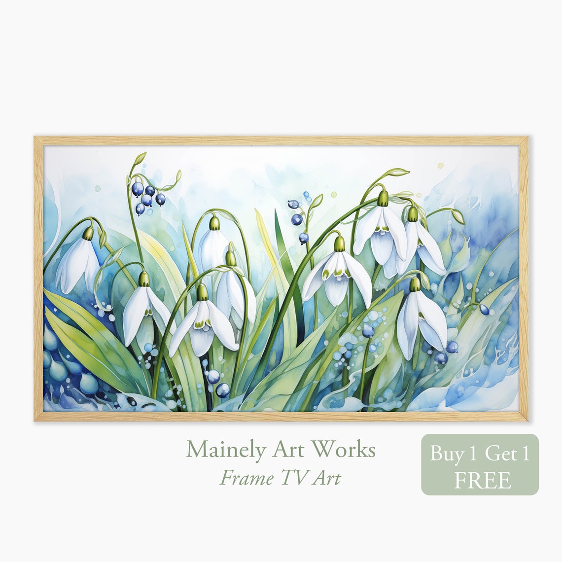 White Snowdrop Watercolor With Blue Berries Spring Floral Poster