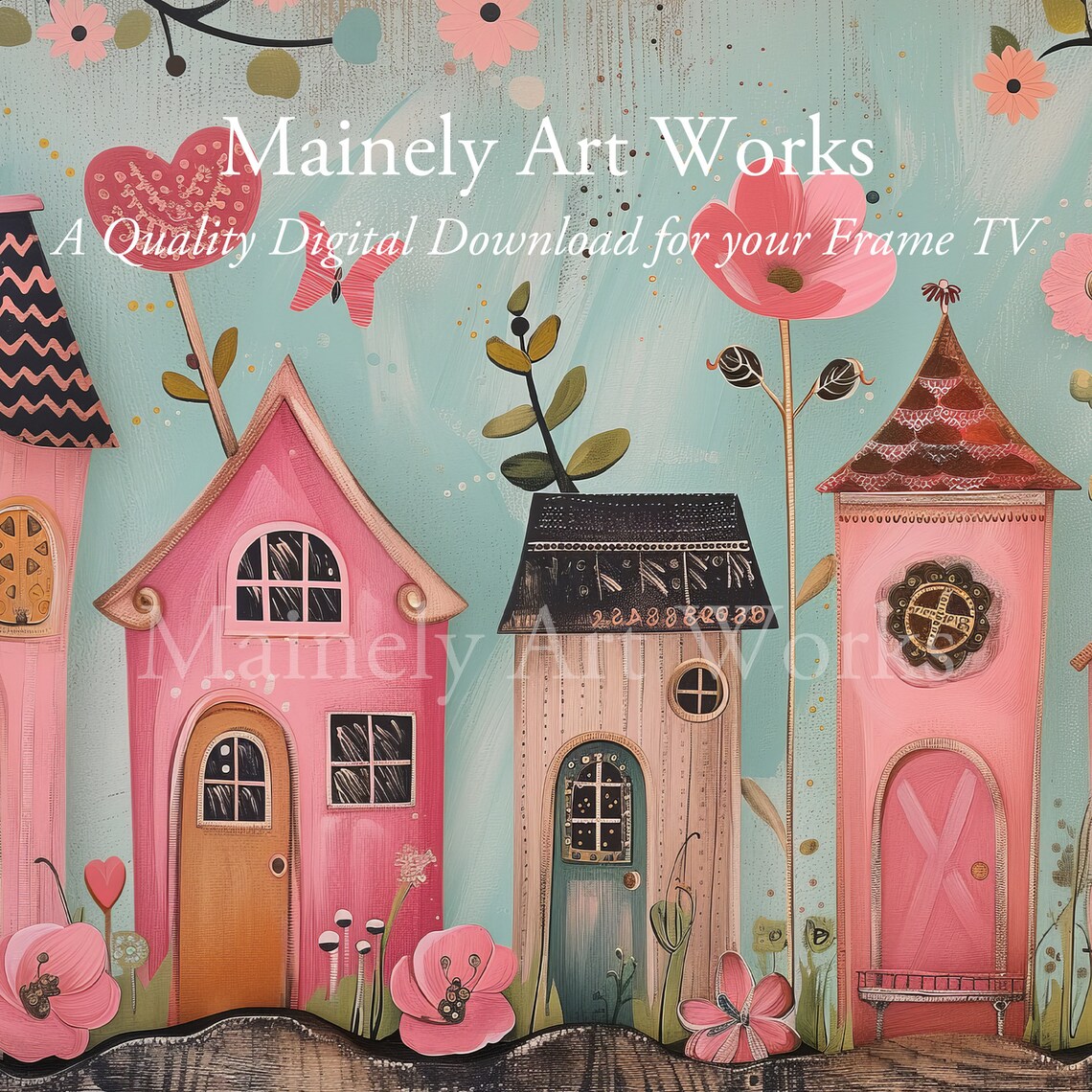 Valentine Pink Houses Folk Art Style Art Print - Image 3