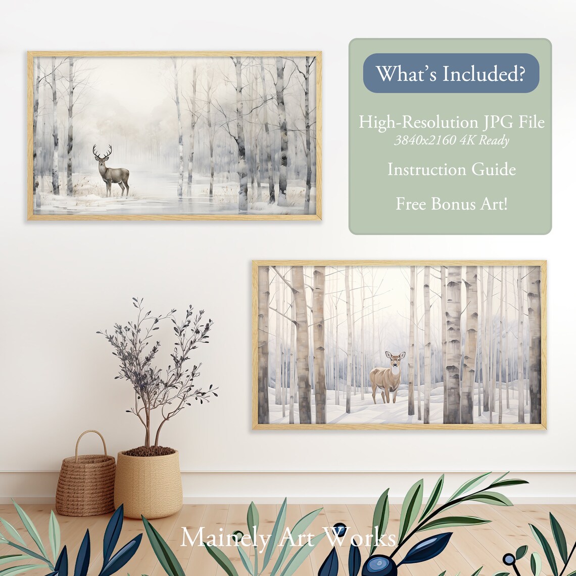 White Tailed Deer Buck In Misty Snowy Birch Forest Winter Wildlife Wall Art Print - Image 2