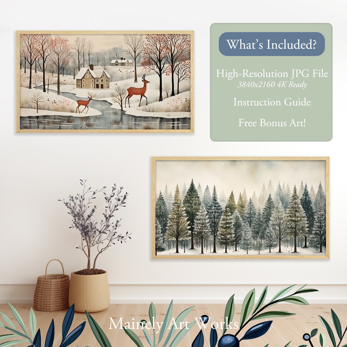 Deer In Snowy Winter Landscape With Farmhouse Folk Style Vintage Wall Art Print - Image 2