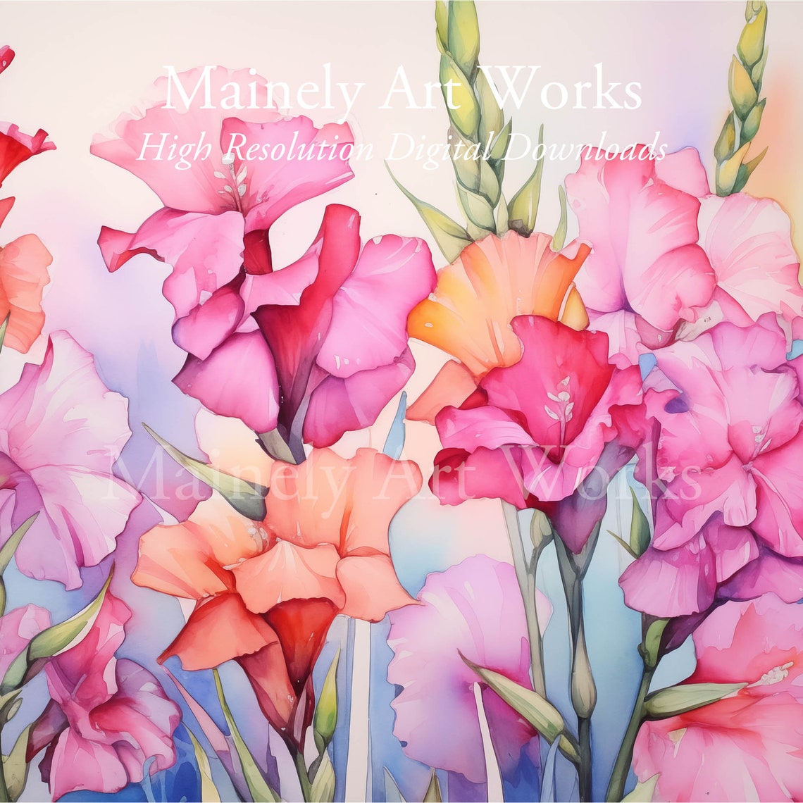 Soft Pink Gladiolus Flower Spikes Pastel Watercolor Floral Poster - Image 3