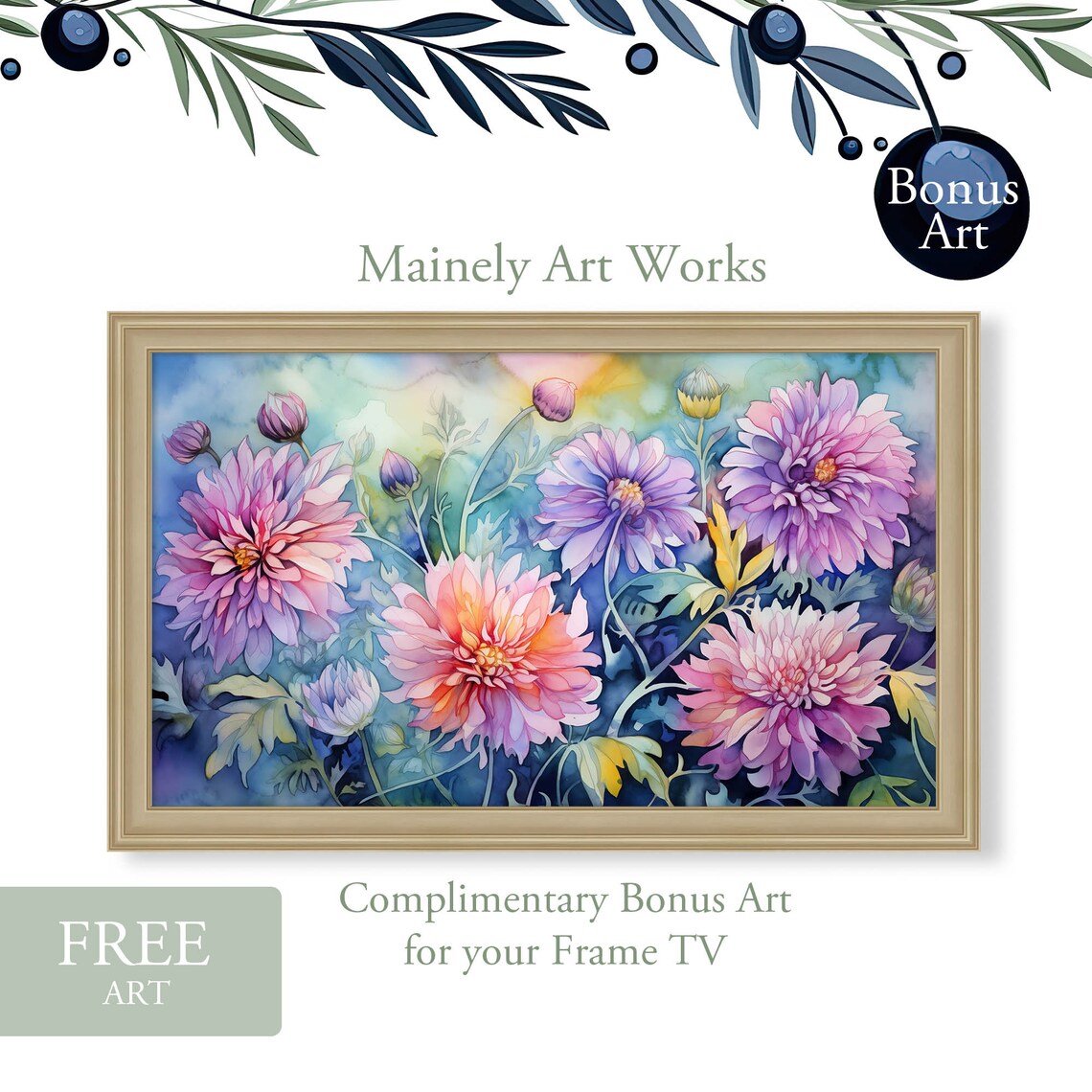 Purple Asters Watercolor Painting Violet Blooms Summer Floral Wall Art Print - Image 2