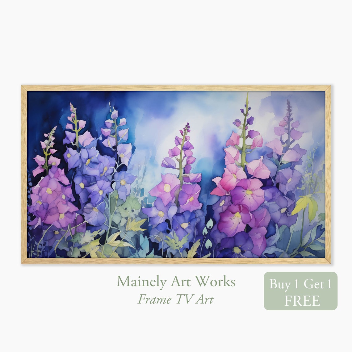 Purple Delphinium Night Garden Bloom Moonlight Watercolor Poster