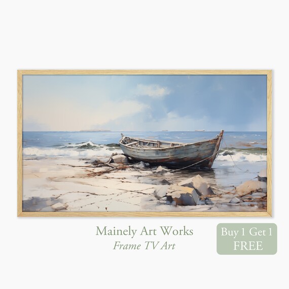 Weathered Old Boat Stranded On Rocky Beach Gentle Waves Seascape Wall Art Print