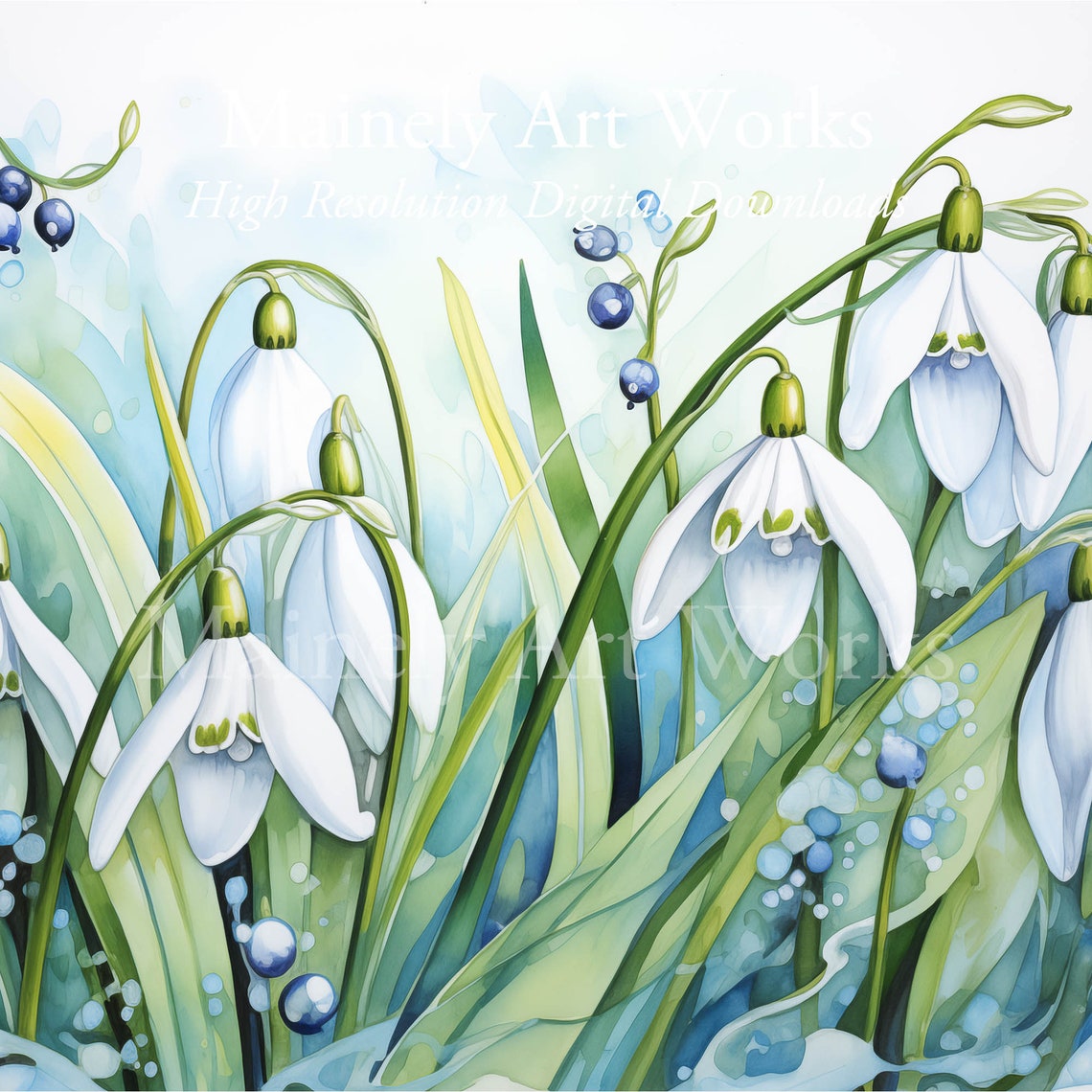 White Snowdrop Watercolor With Blue Berries Spring Floral Poster - Image 3