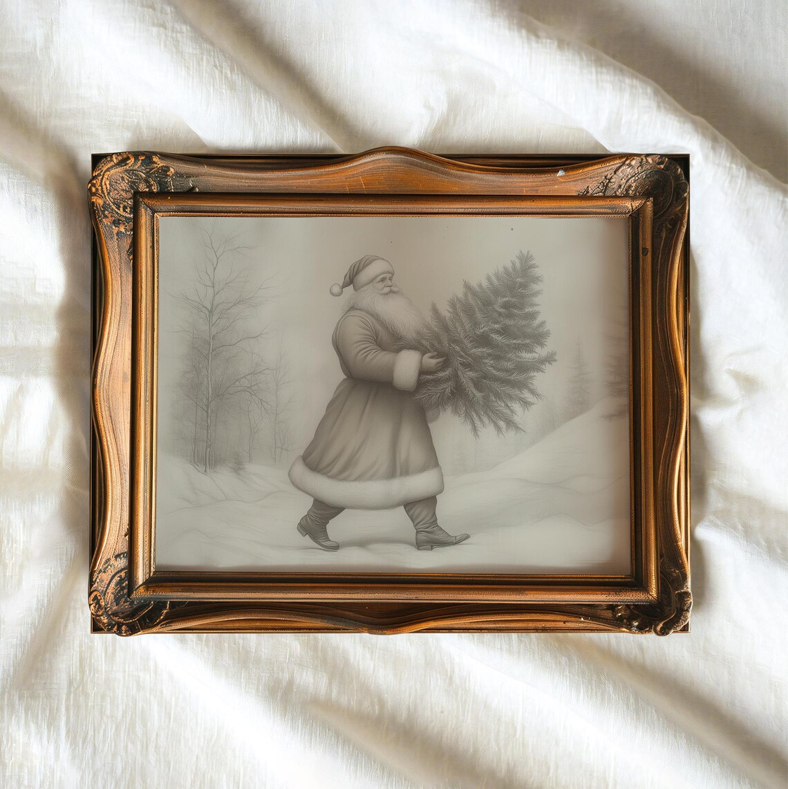 Neutral Santa Carrying Christmas Tree Snowy Sketch Vintage Art Poster - Image 3