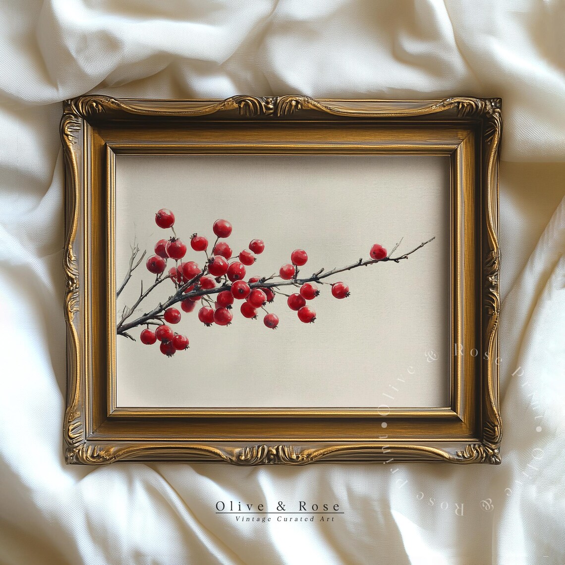 Red Berry Twig Watercolor Minimalist Neutral Winter Holiday Art Print
