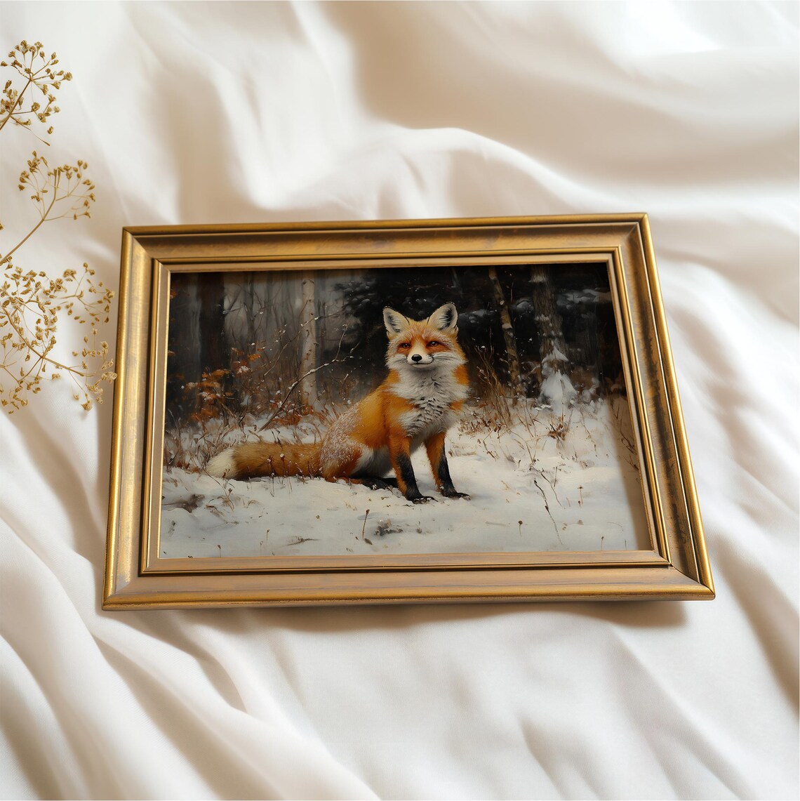 Majestic Red Fox In Snow Vintage Wildlife Oil Painting Rustic Winter Wall Art - Image 3