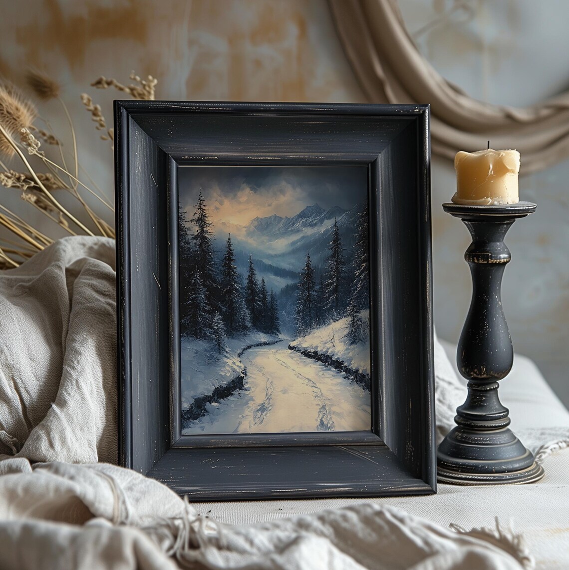 Snowy Mountain Road Dusk Pine Forest Moody Winter Landscape Art Poster - Image 2