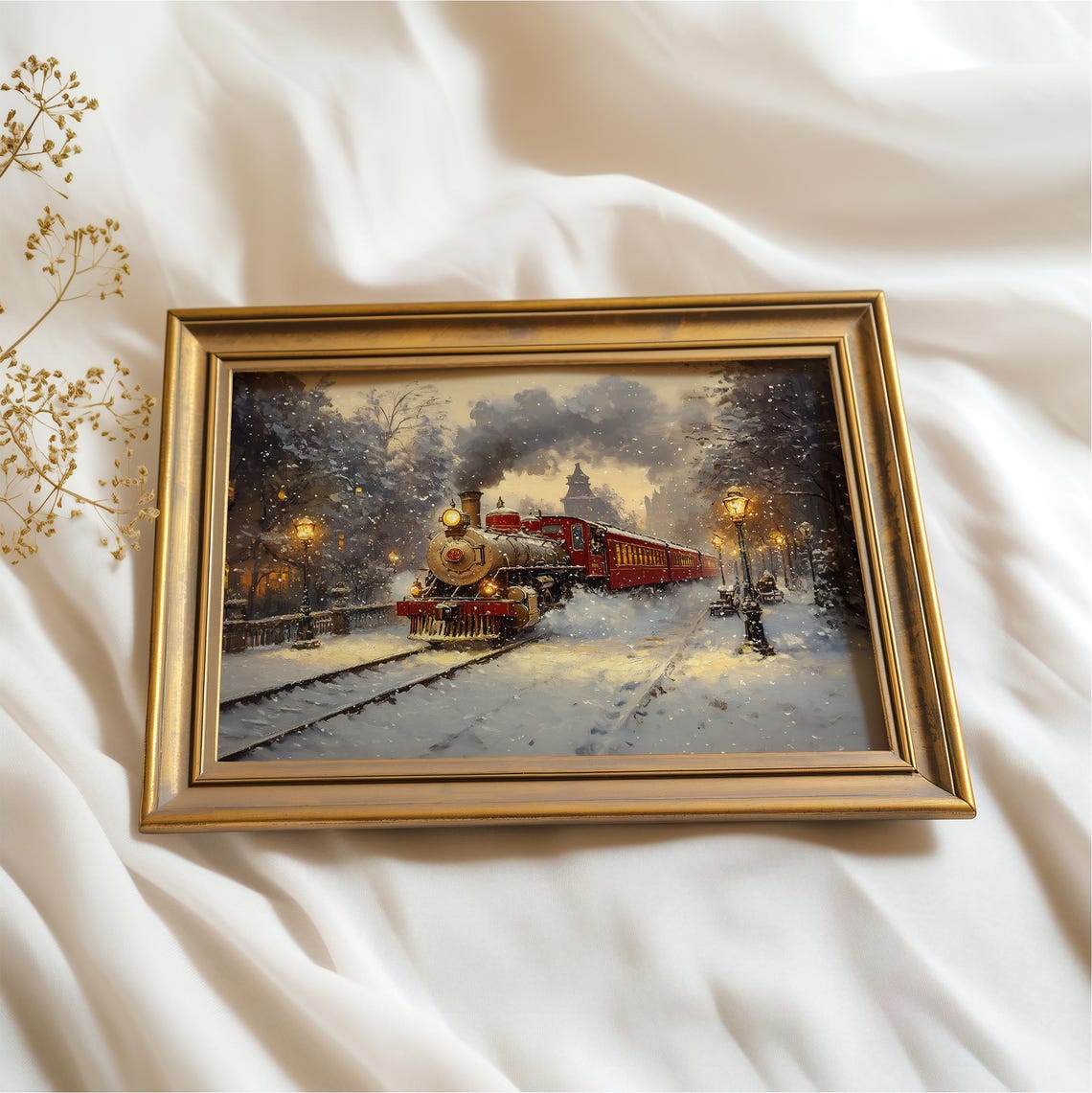 Vintage Christmas Express Steam Train Snowy Station Night Scene Poster - Image 3