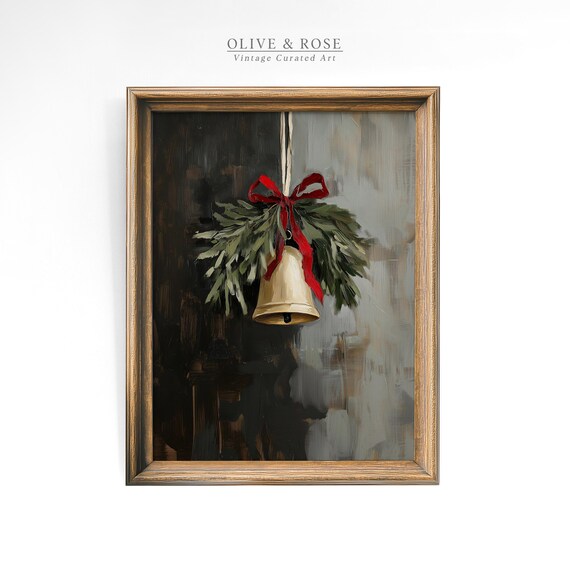 Vintage Christmas Bells Mistletoe Painting Print Winter Holiday Decor Festive Wall Art Dark Moody Christmas Prints