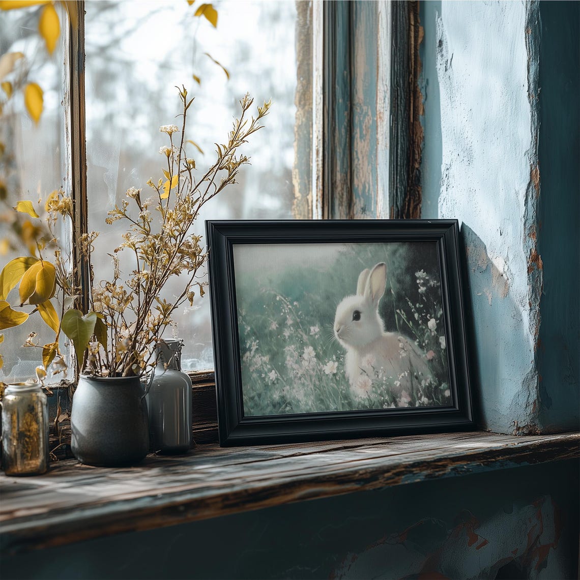 Vintage Easter Bunny In Wildflower Meadow Print Cute Rabbit Painting Art Moody Neutral Spring Decor Sage Green Prints - Image 4