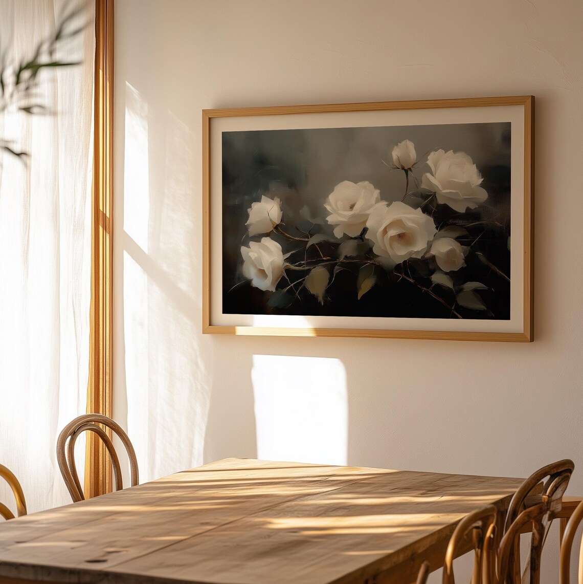 White Roses Dark Moody Background Vintage Botanical Oil Painting Print - Image 3