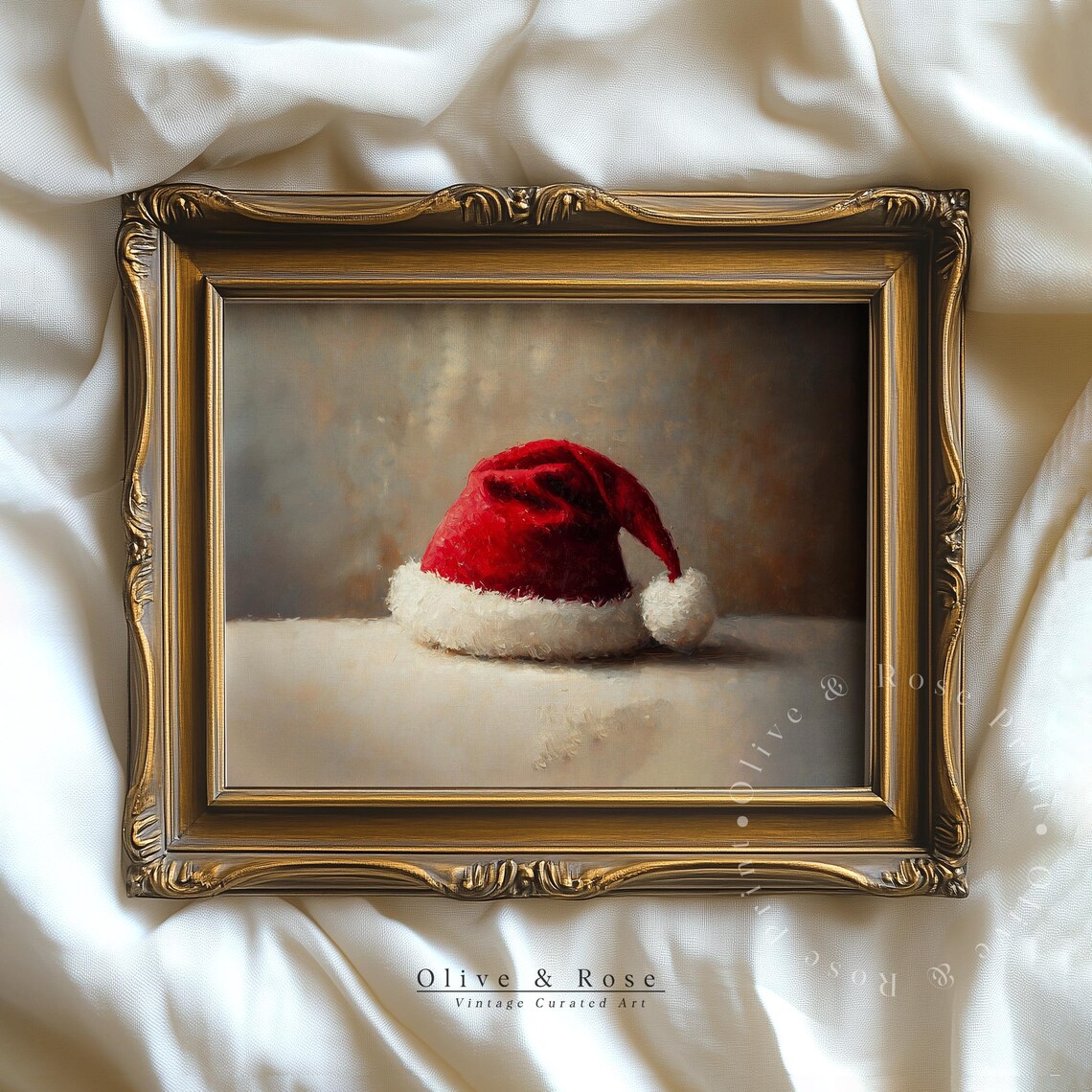 Red Santa Hat Oil Painting Neutral Vintage Christmas Wall Art Poster
