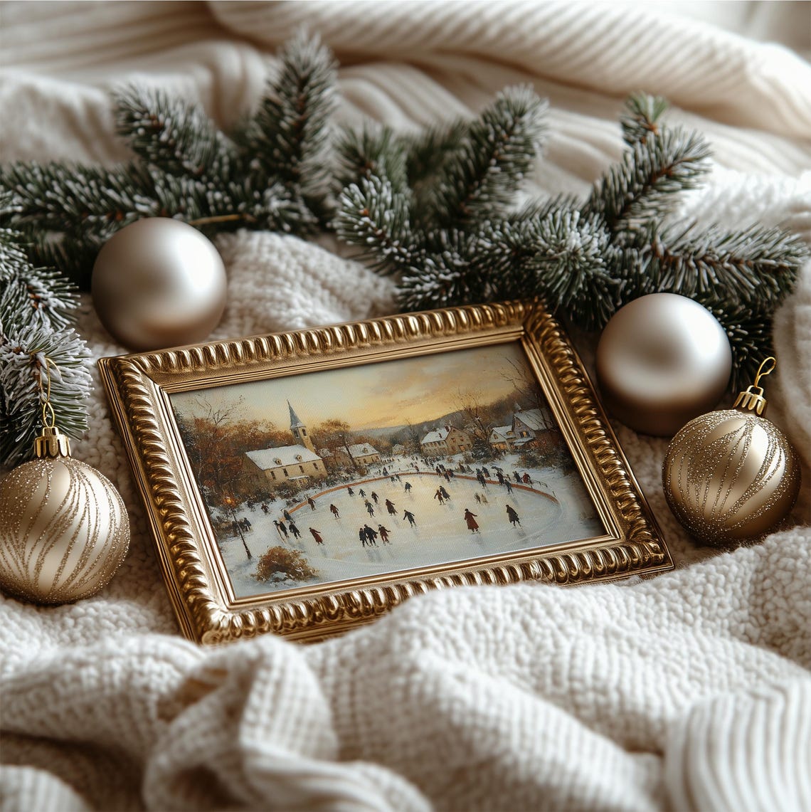 Vintage Christmas Village Print Winter Holiday Decor Hockey Players Snowy Landscape Painting Winter Cityscape Prints - Image 4