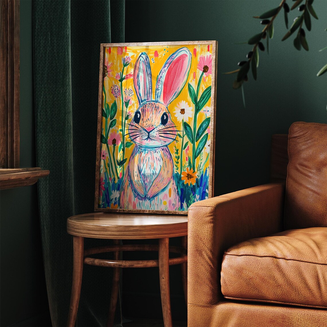 Colorful Whimsical Bunny Yellow Meadow Wildflowers Kids Room Wall Art - Image 2