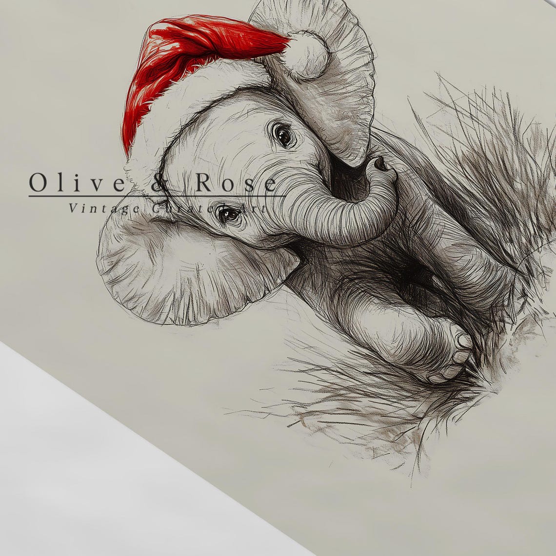 Cute Baby Elephant With Santa Hat Sketch Neutral Christmas Nursery Decor Winter Wall Art Vintage Elephant Drawing Print - Image 5
