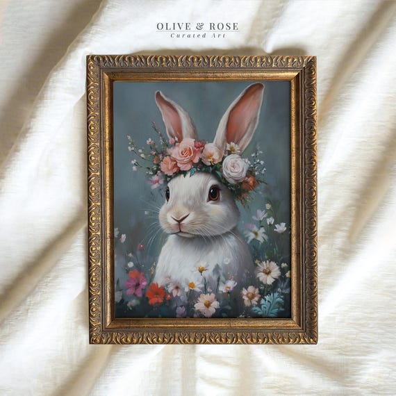 Vintage Cute Easter Bunny Print Floral White Rabbit Painting Wall Art Spring Botanical Nursery Decor Flower Prints