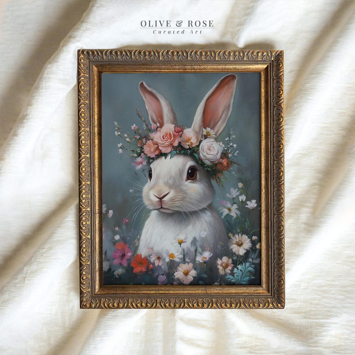 Vintage Cute Easter Bunny Print Floral White Rabbit Painting Wall Art Spring Botanical Nursery Decor Flower Prints