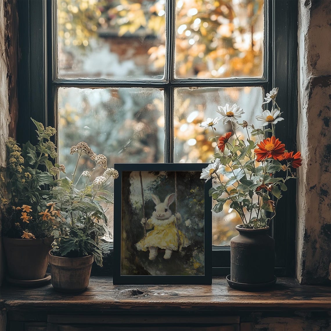 Vintage Easter Bunny On A Swing Print Cute Spring Rabbit Painting Wall Art Bunny In Yellow Dress Prints Easter Decor - Image 3