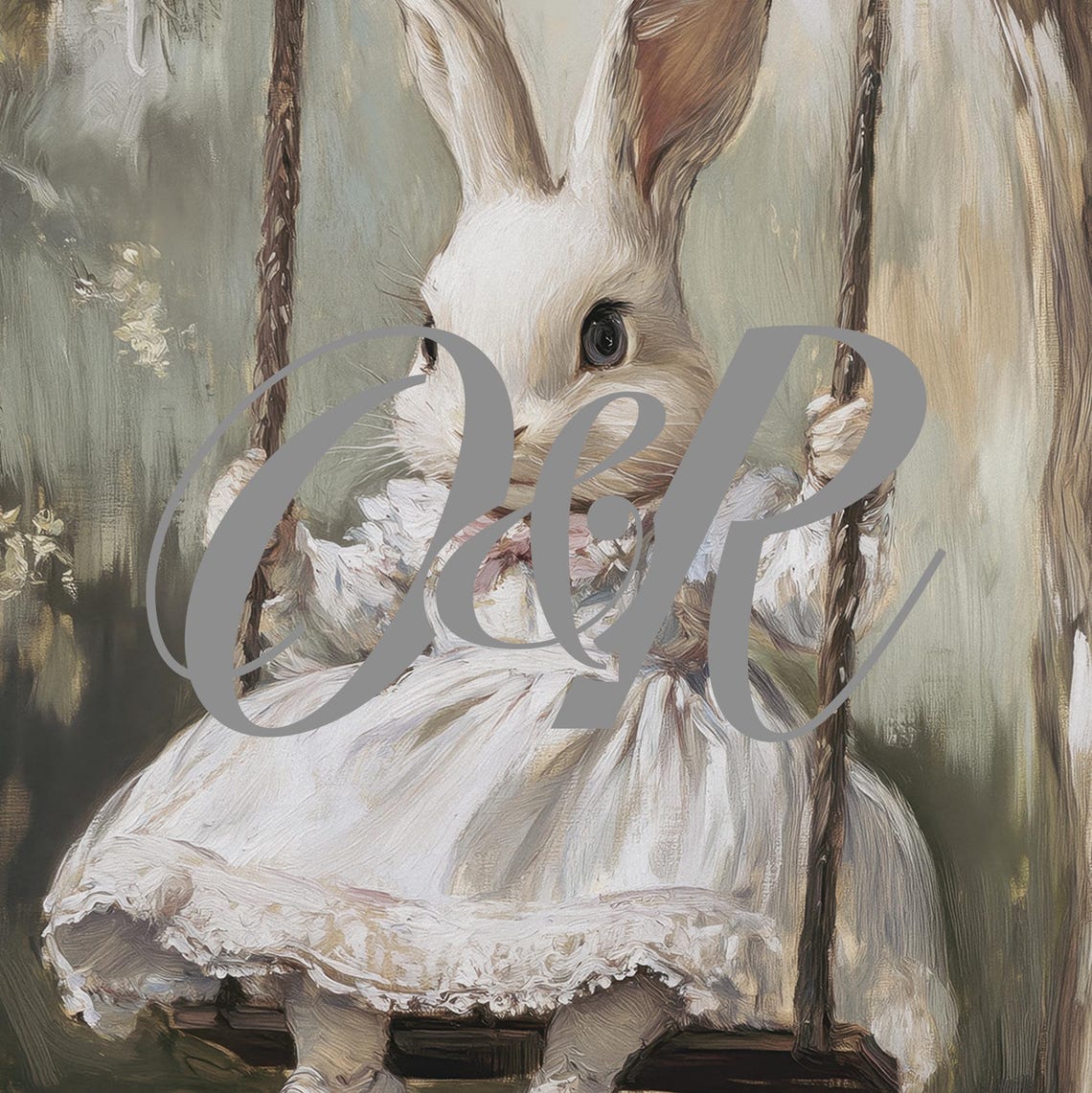 Vintage Easter Bunny On A Swing Print Cute Spring Rabbit Painting Wall Art Bunny In White Dress Prints Easter Decor - Image 5
