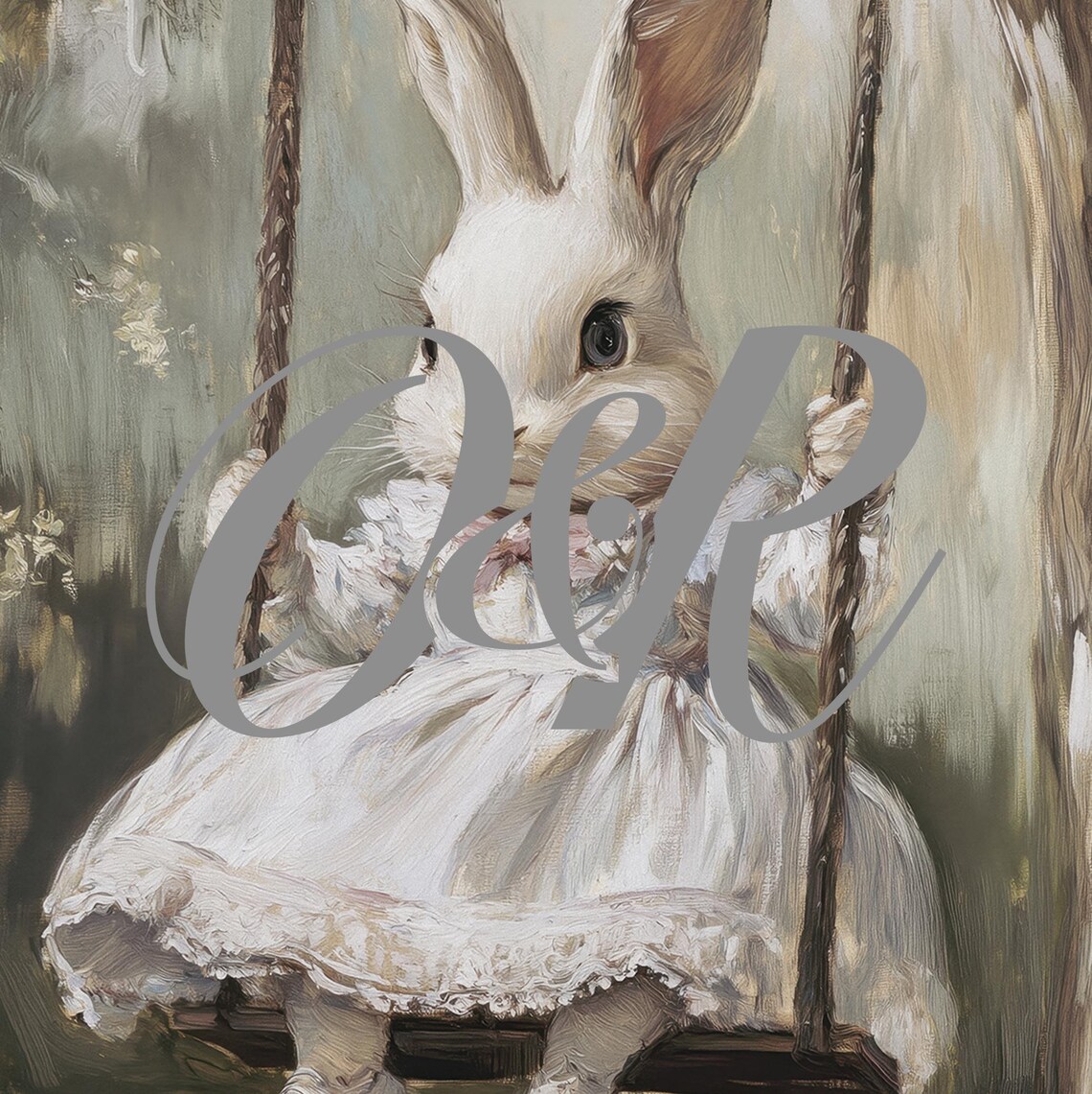 White Bunny in White Dress on Tree Swing Woodland Vintage Wall Art - Image 5