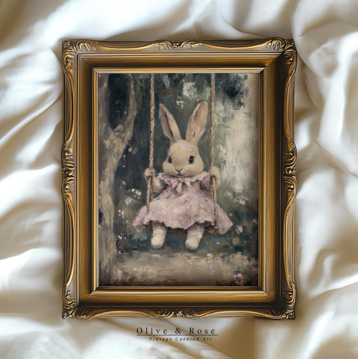 Vintage Easter Bunny On A Swing Print Cute Spring Rabbit Painting Wall Art Bunny In Pink Dress Prints Easter Decor - Image 4