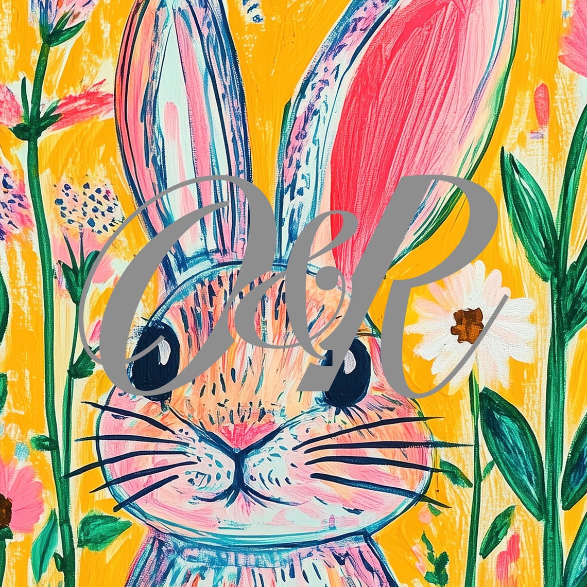 Colorful Easter Bunny Wildflower Meadow Print Cute Vibrant Rabbit Painting Wall Art Spring Kids Room Decor - Image 5