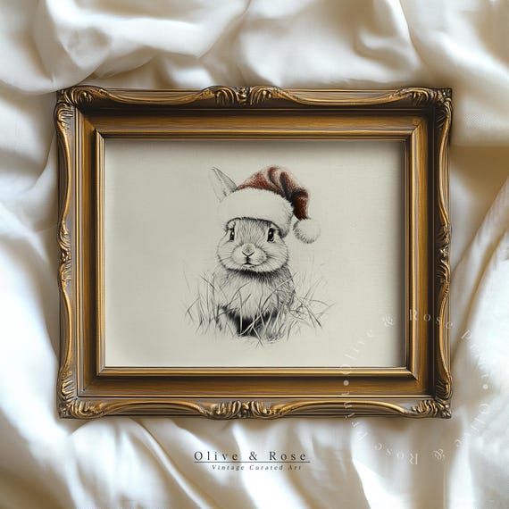 Cute Rabbit In Santa Hat Sketch Xmas Print Bunny Christmas Wall Decor Vintage Animal Drawing Prints Neutral Nursery Art