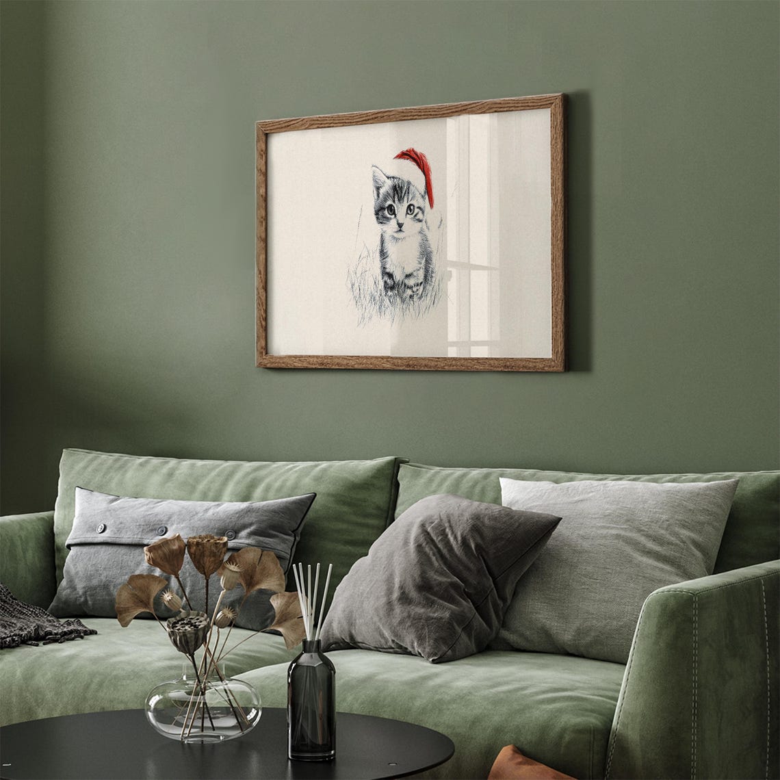 Sweet Kitten In Santa Hat Sketch Neutral Vintage Christmas Wall Art - Image 5