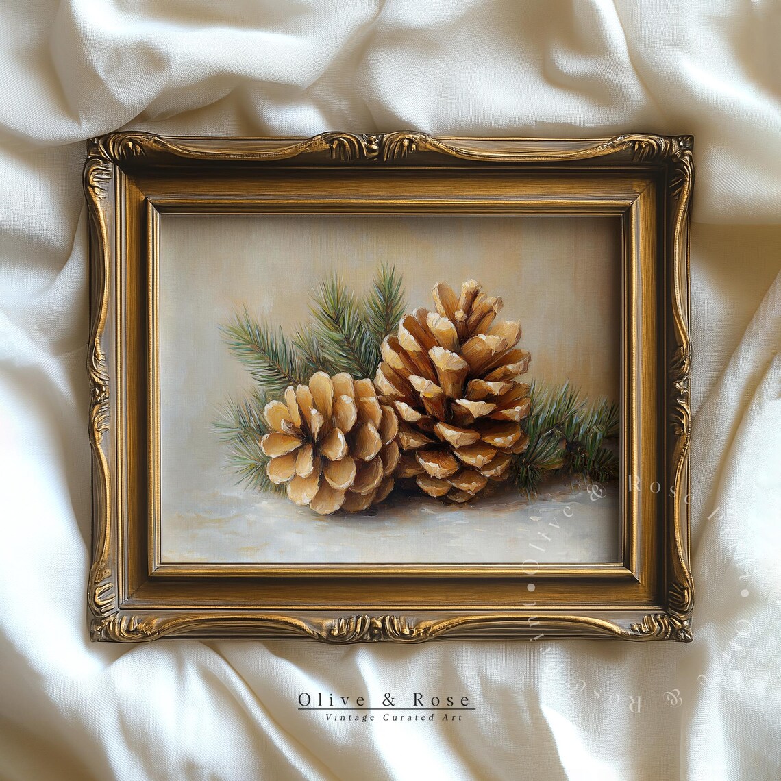 Two Golden Pinecones With Evergreen Boughs Winter Holiday Art Poster