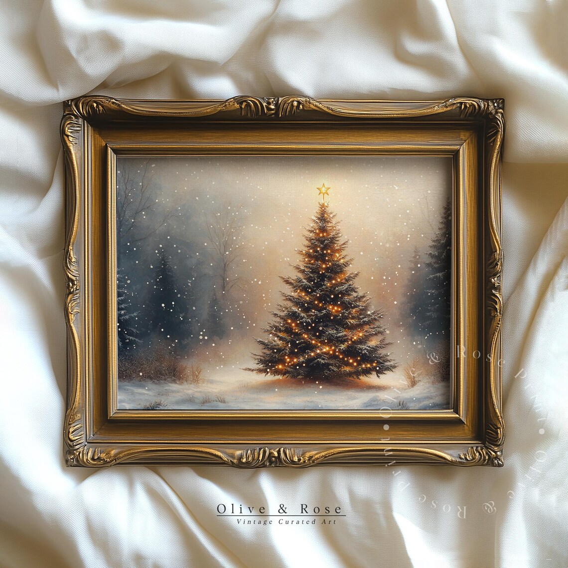 Lit Christmas Tree In Snowy Forest Vintage Holiday Painting Art Poster