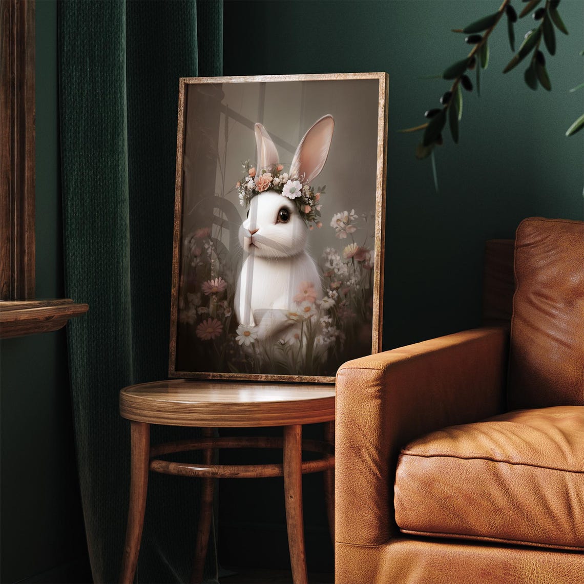 Vintage Cute Easter Bunny Print Floral White Rabbit Painting Wall Art Spring Botanical Nursery Decor Flower Prints - Image 2