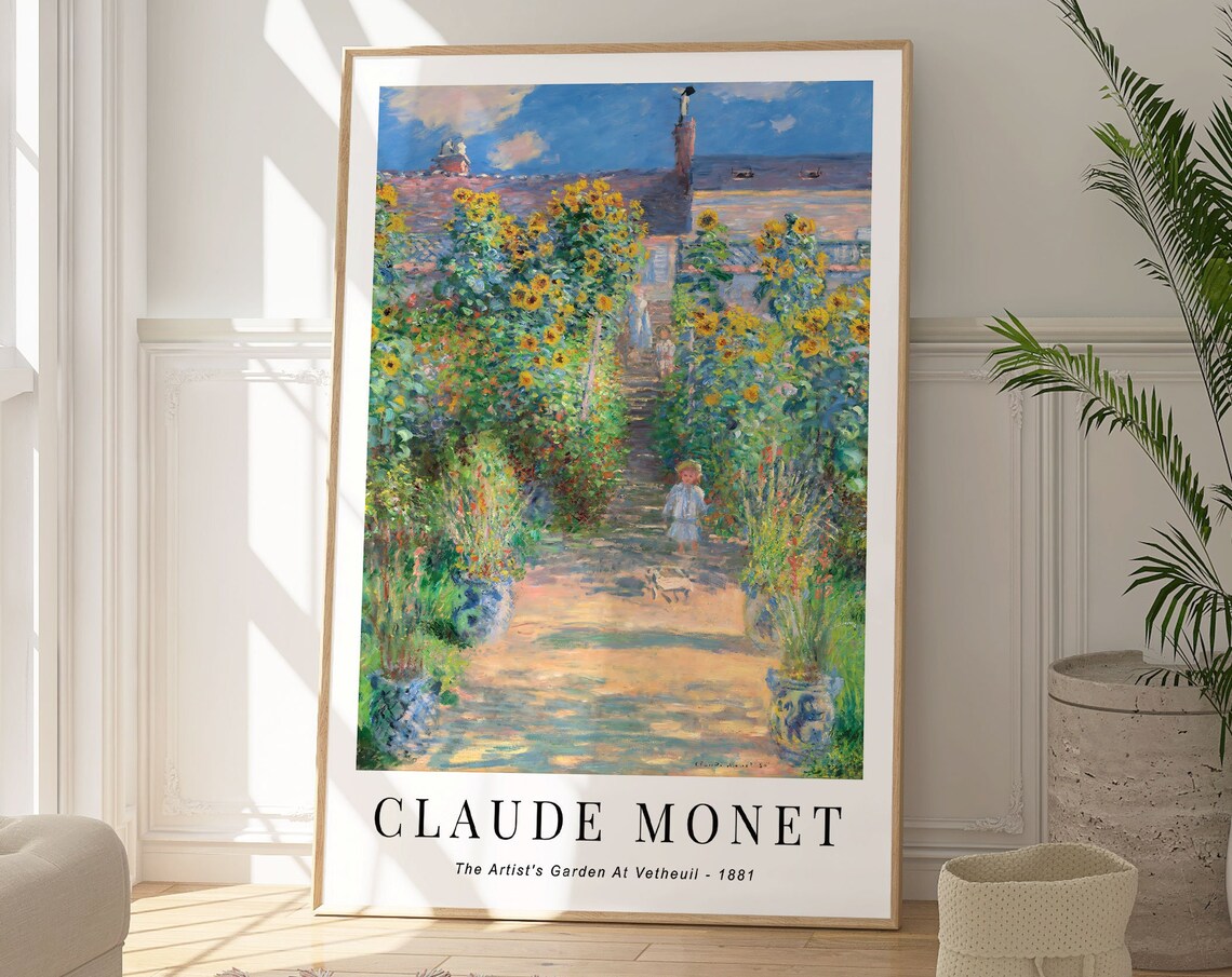 Claude Monet Artists Garden Vetheuil 1881 Sunflowers Child Dog Poster