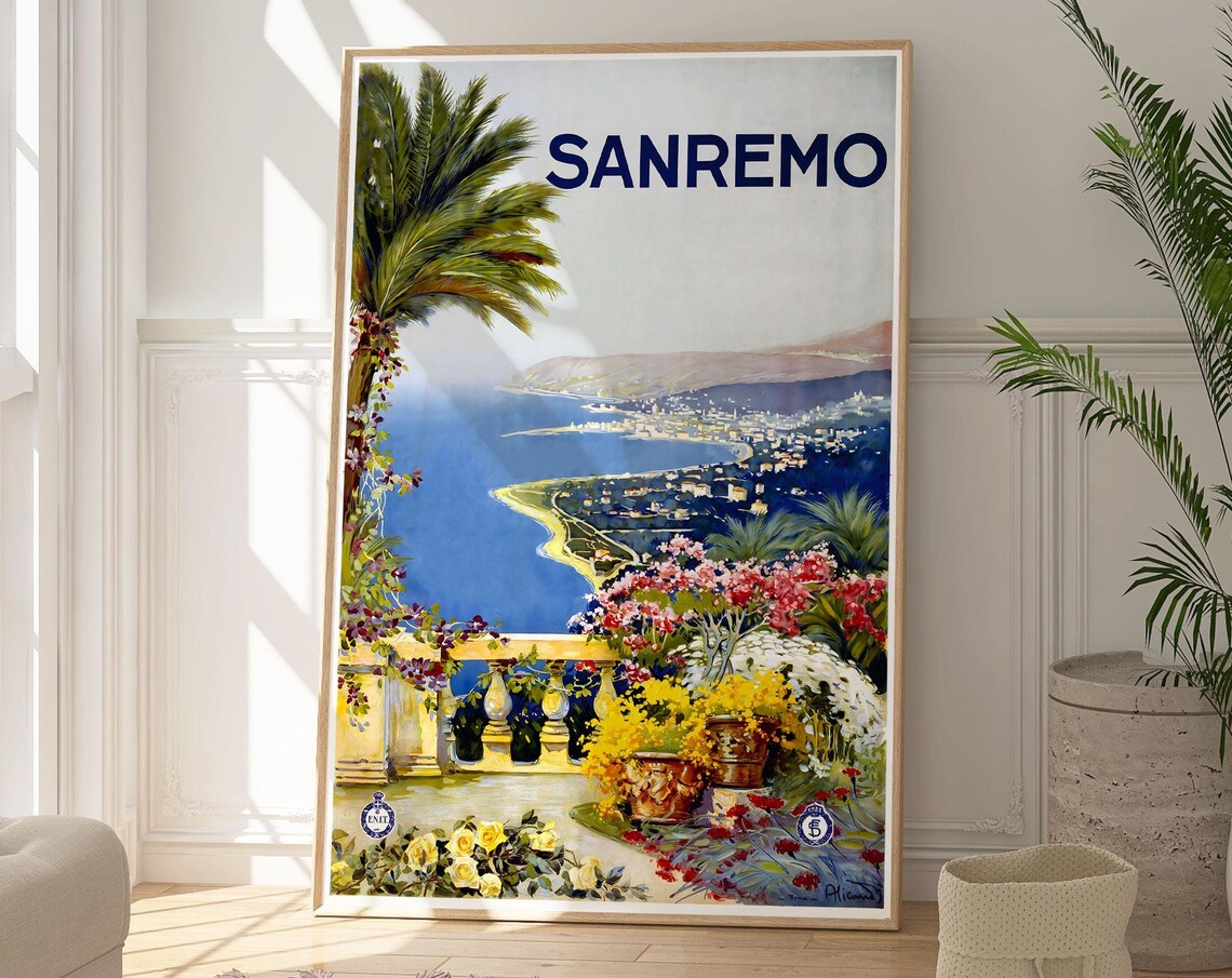 Sanremo Italy Riviera Travel Poster Classic Coastal Bay Floral Art Print