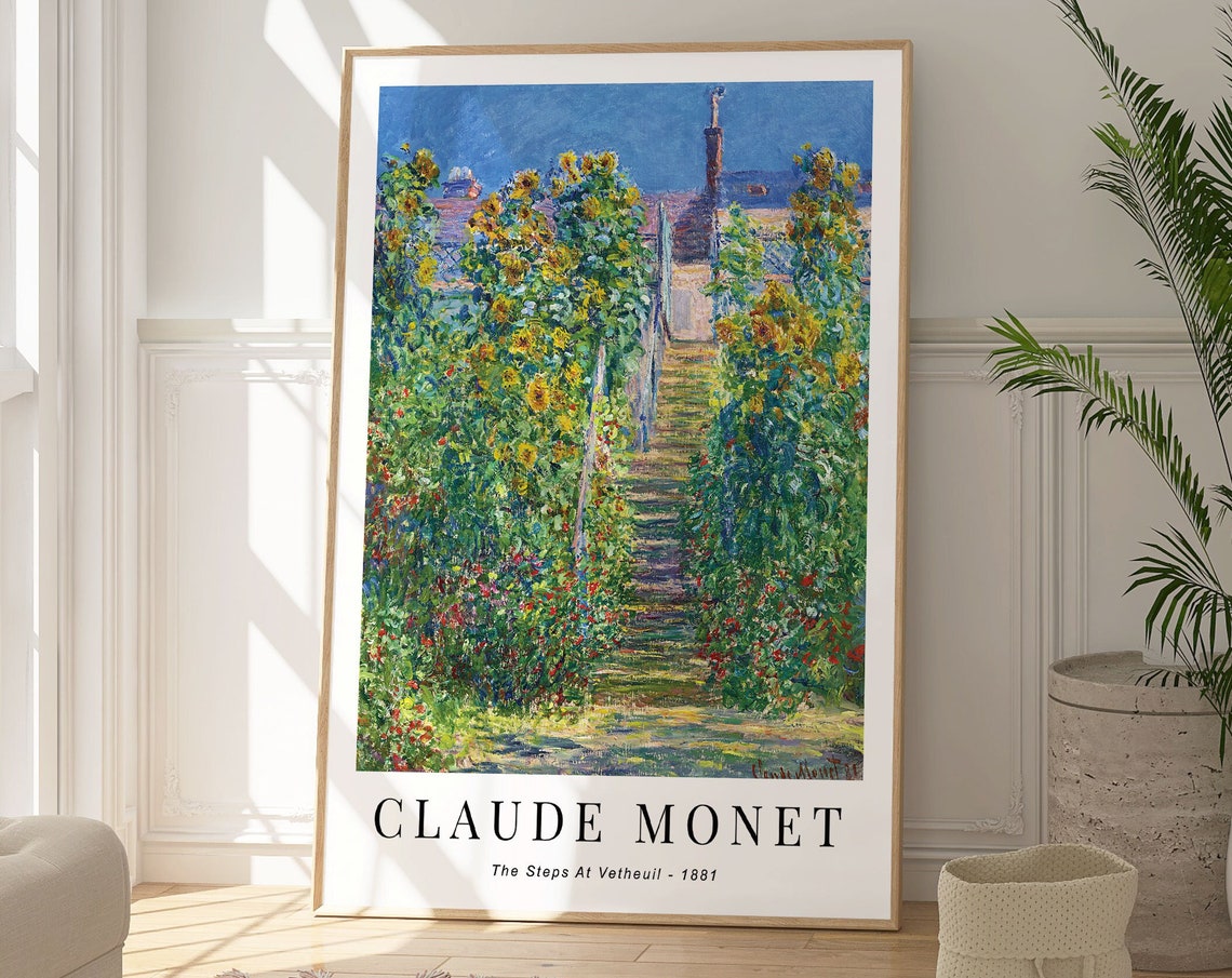 Claude Monet The Steps At Vetheuil 1881 Sunflower Path Blue Sky Poster