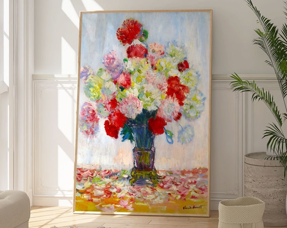Monet Vase Of Peonies Poster Colourful Botanical Print Flower Still Art Nature Inspired Bright Vivid Artwork Gift For Her Kitchen Art