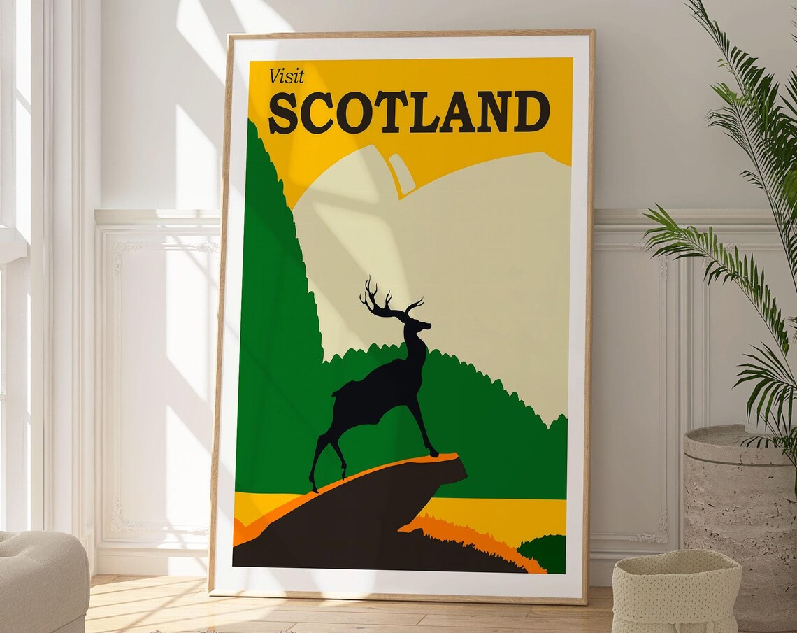 Visit Scotland Stag Mountain Vista Retro Minimalist Travel Poster