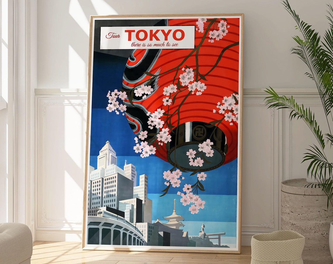Tour Tokyo Red Lantern Cherry Blossom Vintage Japanese Travel Poster