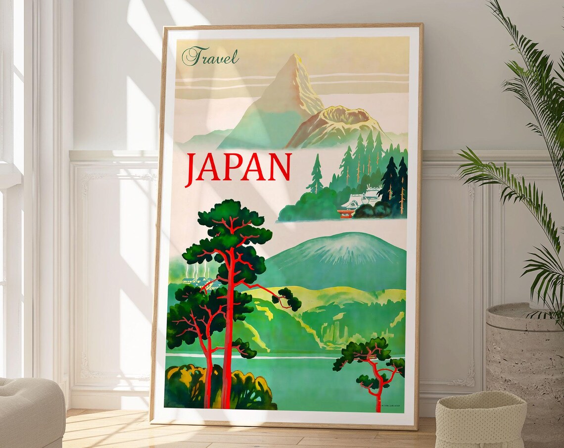 Travel Japan Mount Fuji Red Pine Forest Lake Vintage Poster Art