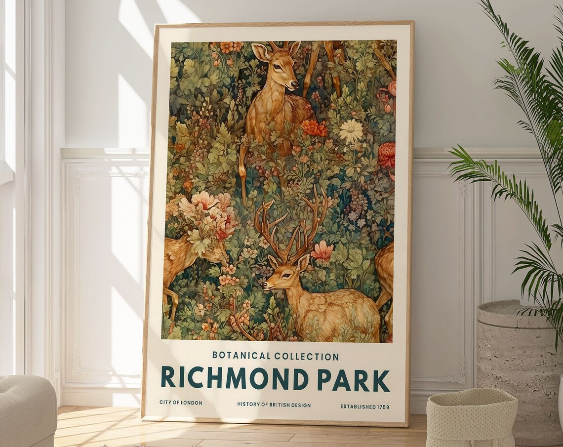 Richmond Park Deer Stag Woodland Botanical London Animal Art Poster