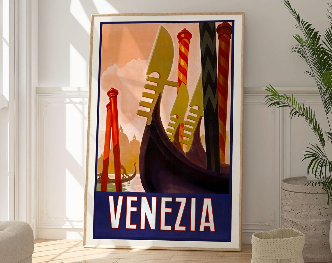 Venezia Italy Art Deco Gondola Prows Sunset Canal Vintage Poster