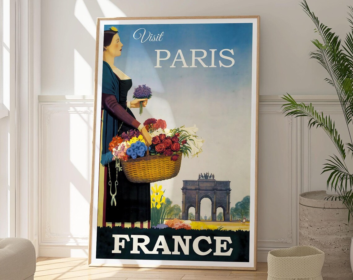 Visit Paris France Flower Seller Vintage Arch Monument Travel Poster