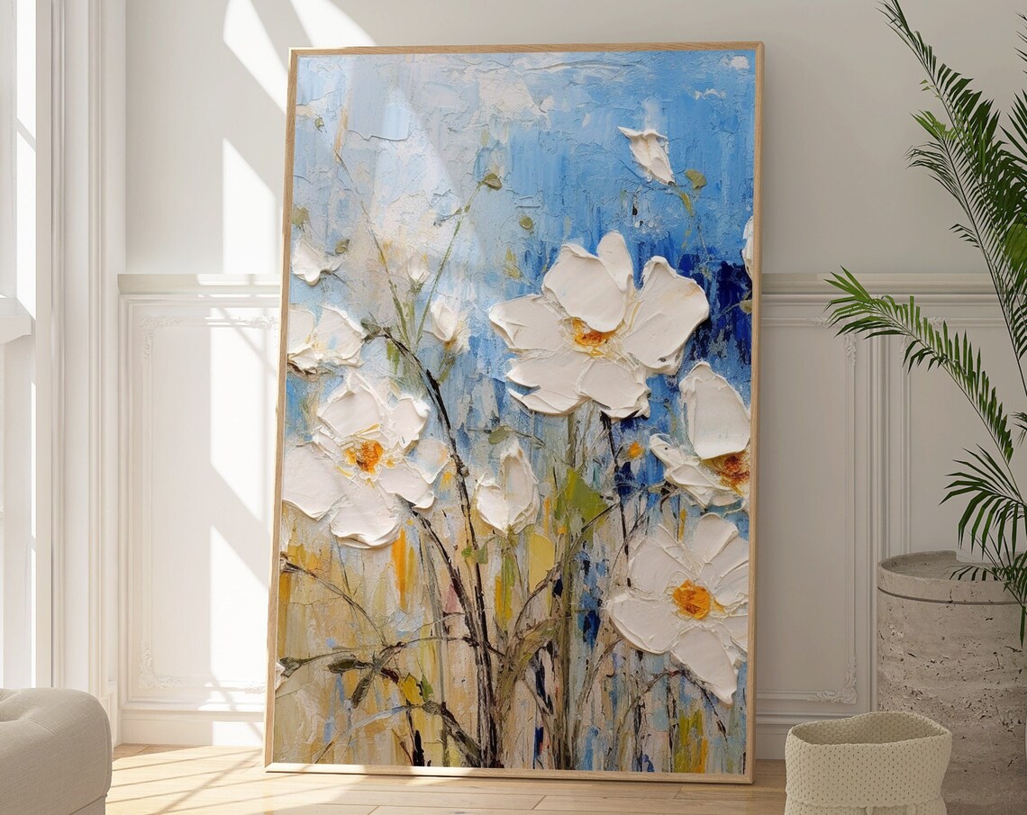 Blue and White Flower Vintage Painting Art Print