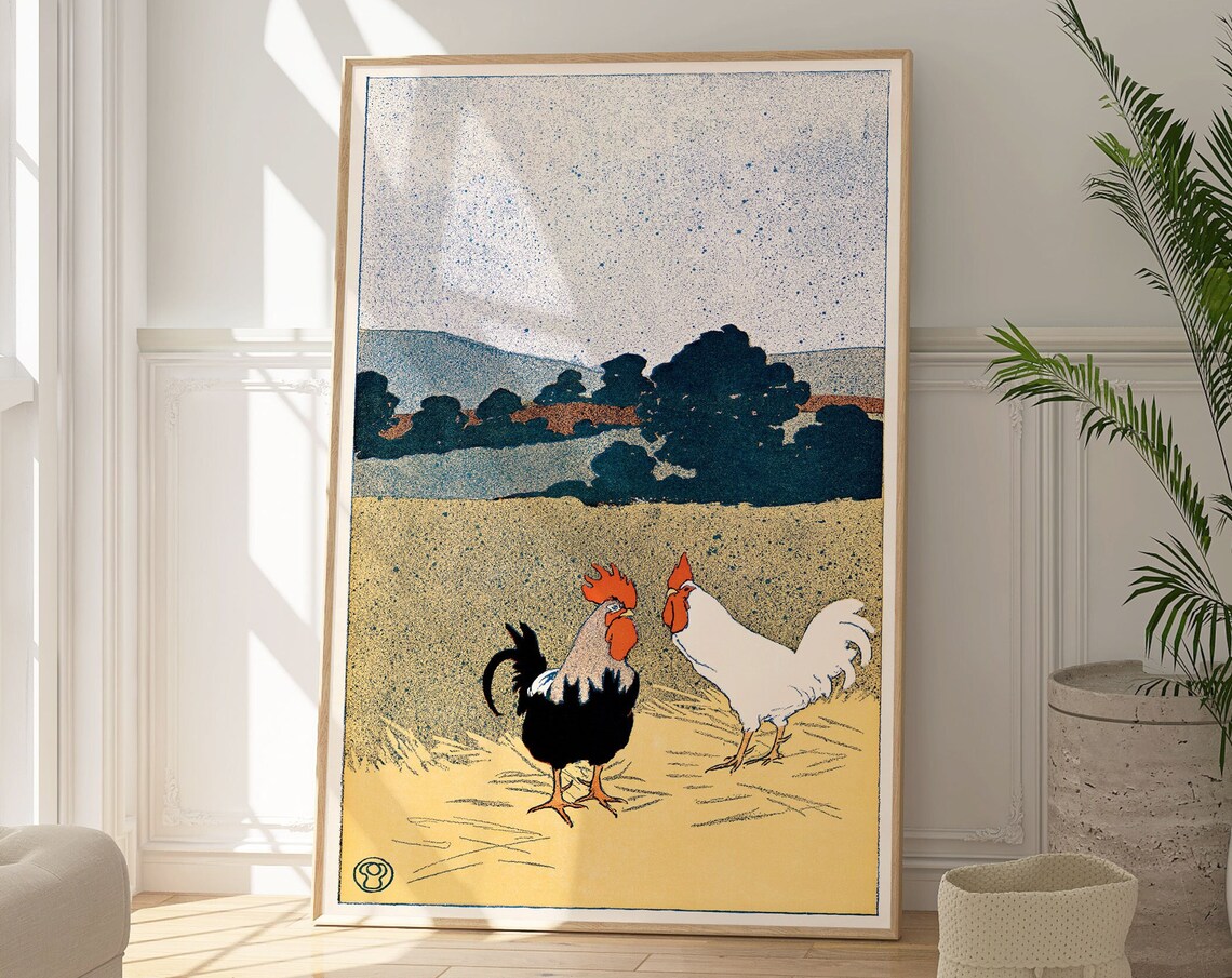 Vintage French Roosters Wheat Field Farm Life Countryside Print