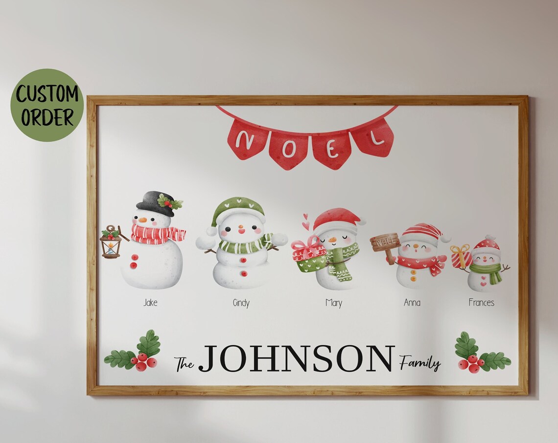 Personalized Snowman Family Christmas Noel Custom Name Art Poster