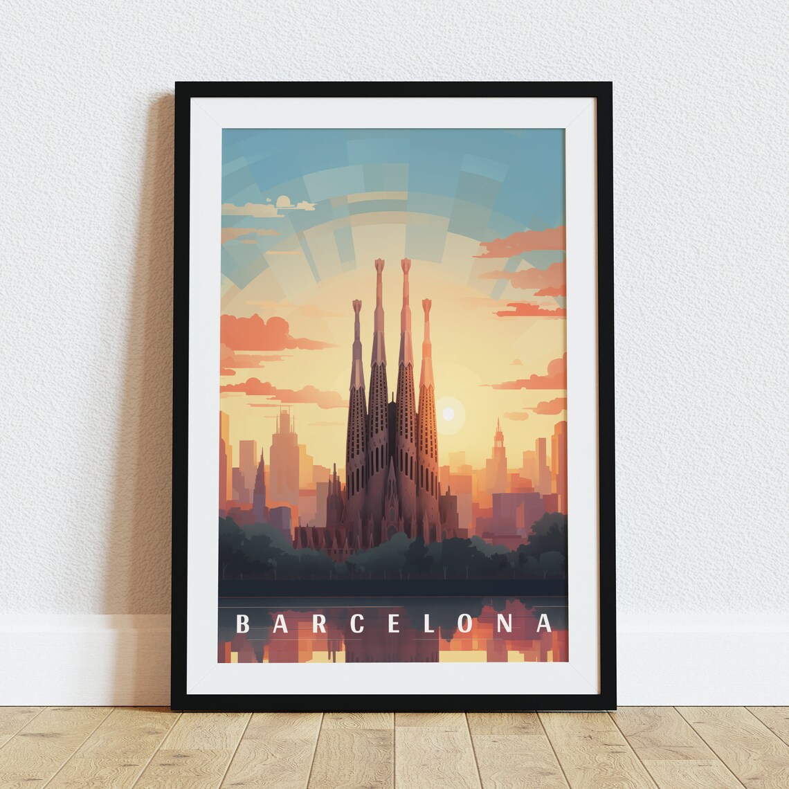 Barcelona Sagrada Familia Sunset Skyline Vintage Travel Poster