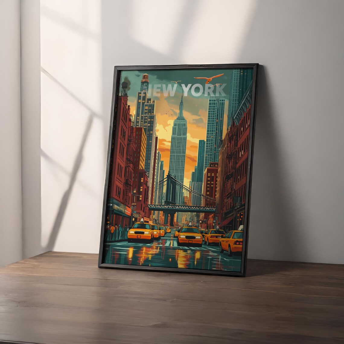 New York City Yellow Cabs Skyline Sunset Vintage Travel Poster - Image 2