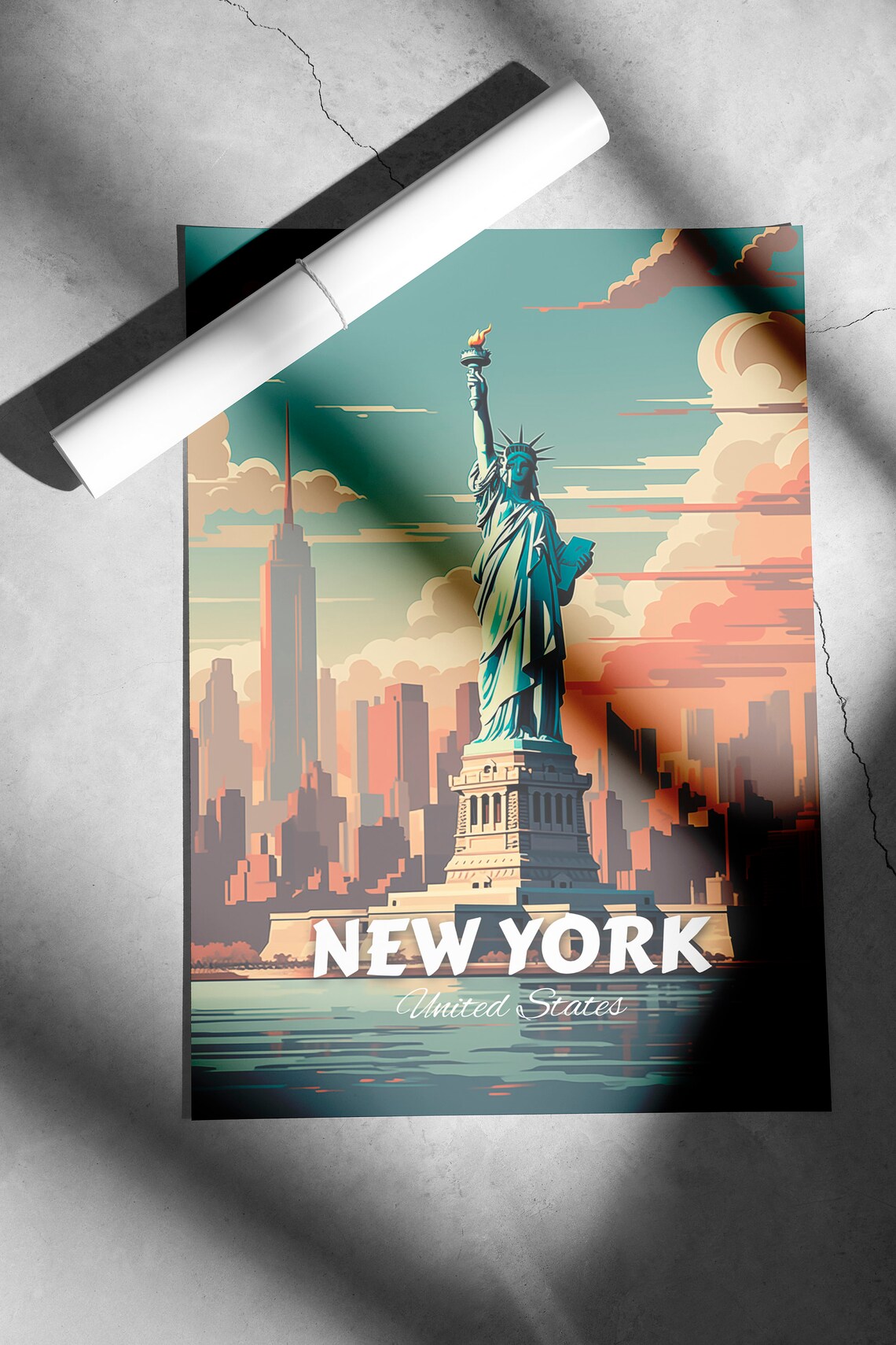 New York Statue Of Liberty Skyline Retro Vintage Travel Poster - Image 2